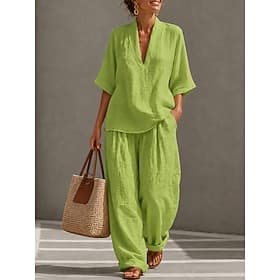 Women's Cotton Linen Sets Half Sleeve V Neck Plain Vacation Daily Casual Daily Blue Black White Spring  Summer