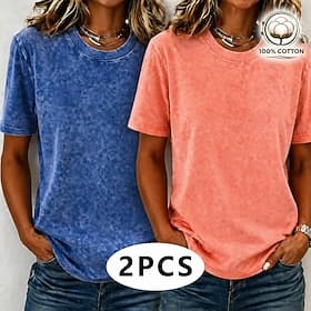 SoftFade™ Multi Packs 2pcs Women's Vintage 100% Cotton T-Shirt Set- Soft Washed Breathable Short Sleeve Basic Tops