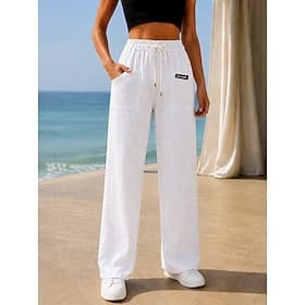 Women's Cotton Linen Pants Trousers Casual Pants Summer Pants Vacation Fashion Streetwear Full Length Mid Waist Plain Pocket Elastic Waist Comfort Comfortable