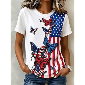Amerikaanse onafhankelijkheidsdag Dames T-shirt Afdrukken Grafisch Amerikaanse vlag Vintage Modieus Casual Korte mouw Strakke ronde hals Normale tops Casual Da thumbnail 3