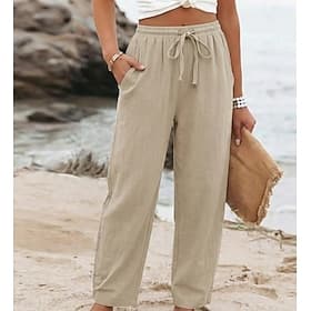 Women's Cotton Linen Pants Chinos Pants Trousers Basic Casual Long High Waist Plain Pocket Elastic Drawstring Design High Cut Breathability Soft Micro-elastic