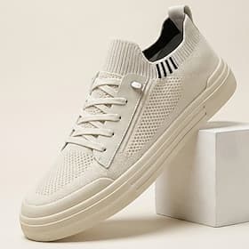 Men's White Knit Casual Sneakers Lace-Up Lightweight Breathable Comfort Walking Shoes Minimalist Low Top Footwear for Daily Wear, Travel, Commuting and Weekend