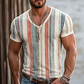 Men's Color Block Stripes T Shirt Short Sleeve T shirt 3D Print V Neck Shirt Vacation Casual Daily Holiday Red Orange Green Spring  Summer Clothing Apparel S M