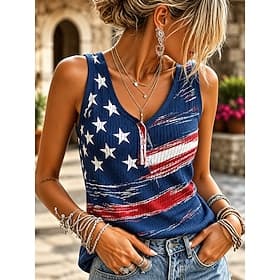 American Independence Day Women's Tank Top Print Graphic Flag Vintage Stylish Classic Sleeveless V Neck Regular Tops Casual Daily Blue Red Navy Blue Summer Spr