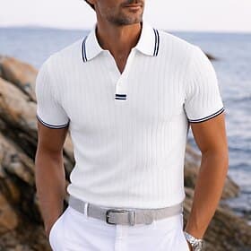Men's Textured Golf Shirt Casual Work Lapel Ribbed Polo Collar Short Sleeve Vacation Modern Color Block Patchwork Classic Spring  Summer Summer Regular Fit Blu