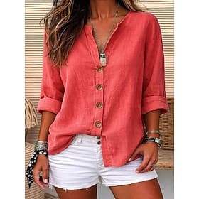 Dames linnen blouse met knoopjes, effen kleur, geschikt voor dagelijks gebruik, casual, 3/4 mouwen, V-hals, normale pasvorm, zwart, wit, rood, oranje, groen, z thumbnail 2