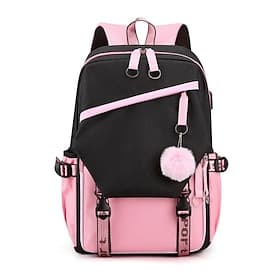 Student Girls Backpack for School, Large Capacity Multi Pocket Bookbag, Polyester Laptop School Bag with USB Port, Cute Pink Black Travel Backpack for Teen Gir