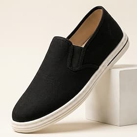 Men's Black Canvas Slip-On Shoes, Minimalist Casual Loafers for Work, Daily Walking, Travel and Smart Casual Outfits