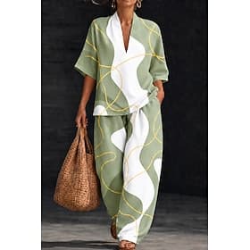 Women's Shirt Cotton Linen Sets Pants Sets Short Sleeve V Neck Floral Graphic Geometric Print Vacation Fashion Streetwear Casual Daily Outdoor Green Rainbow Sp