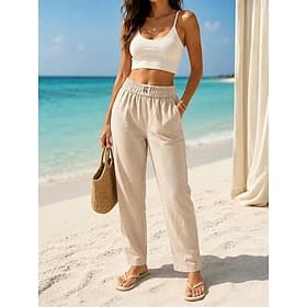 Women's Cotton Linen Pants Trousers Casual Pants Summer Pants Vacation Fashion Streetwear Full Length High Waist Plain Pocket Elastic Waist Breathability Comfo thumbnail 2