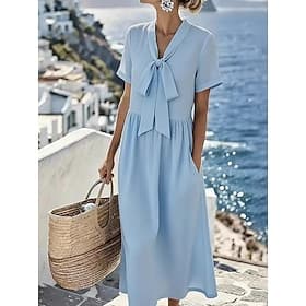 Mulheres Vestido midi Vestido A Line Vestido de verão Casual Diário Normal Tecido Manga Curta Decote V Azul Branco Rosa Verão