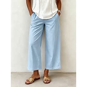 Pantalon d'été femme 100% coton, jambes larges, décontracté, mode vacances, streetwear, longueur cheville, taille haute, uni, poche, taille élastique, conforta