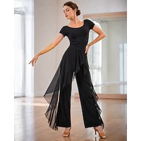 Latin Dance Pants  Ballroom Dance Ruffles Pure Color Waisted Splicing Women's Performance Training PantsHigh Spandex