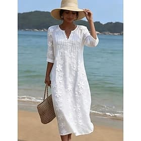Women's Midi Dress Lace Dress Casual Dress Casual Beach Loose Fit Solid Color Half Sleeve V Neck White Summer Spring
