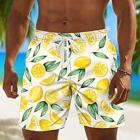 Men's Coconut Tree Lemon Swim Trunks Bathing Suits Swim Shorts Board Shorts Mid Waist Hawaiian Daily Beach Vacation Wear Side Pockets Mesh Lining Elastic Draws