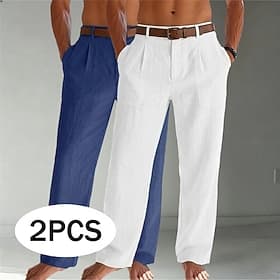 Homme Pantalons en Lin Pantalons Pantalon d'été Pantalons Amples Pantalons de Plage Avec Poches Uni Confort Respirant Longueur complète Occasionnel Quotidien E