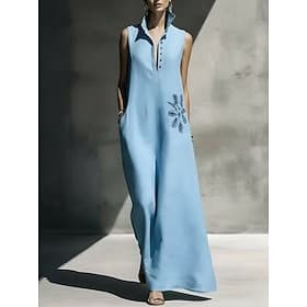 Women's Maxi Dress Boho Dress Elegant Vacation Regular Fit Floral Sleeveless Stand Collar Sky Blue Green Apricot Spring