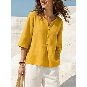 Women's Shirt Blouse Plain Elegant Bohemia Vacation 3/4 Length Sleeve V Neck Regular Tops Yellow Pink Sky Blue Dark Green khaki Summer Spring