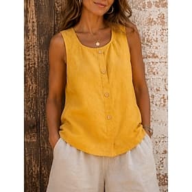 Women's Cotton Linen Vest Buttons Solid Color Vintage Sleeveless Regular Tops Casual Blue Yellow Brown Summer Spring