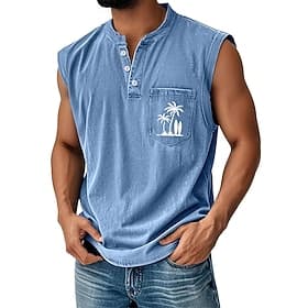 Voor heren Overhemd van 100% katoen met zure wassing Mouwloos shirt Mouwloos Henley Zomer Effen Kleur Kokosnoot Casual Kledingstuk geverfd Bleek Vintage wassin thumbnail 2