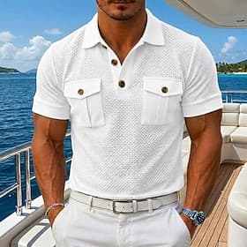 Men's Cooling Ice Silk Seersucker Polo Textured Casual Holiday Turndown Short Sleeve Fashion Basic Plain Pocket Buttons Spring Summer Summer Regular Fit Blue