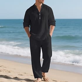 Men's 2 Piece Popover Shirt Shirt Set And Pants Trousers Set Plain Casual Daily Vacation V Neck Long Sleeve Summer Spring Fashion Casual Comfortable Clothing A