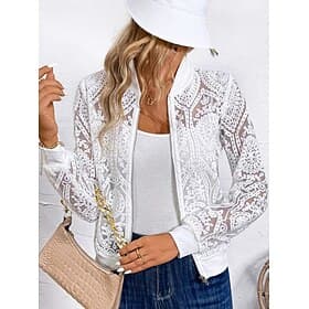 Women's Casual Jacket Lace Jacket Lightweight Lace Embroidered Elegant Embroidery Casual Weekend Zipper Regular Crewneck Regular Fit Long Sleeve Outerwear Whit