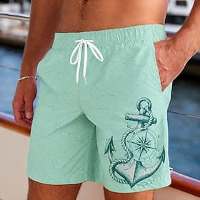 Men's Anchor Swim Trunks Bathing Suits Swim Shorts Board Shorts Mid Waist Vintage Daily Beach Vacation Wear Side Pockets Mesh Lining Elastic Drawstring Waist D