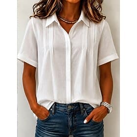 Damen Bluse Plissiert Knöpfe Einfarbig Einfach Vintage Stilvoll Lässig Kurzarm Hemdkragen Normale Oberteile Lässig Täglich Blau Weiß Gelb Rosa Marineblau Somme