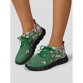 Women's Green Floral  Butterfly Print Knit Sneakers - Comfort Breathable Athletic Shoes with Flexible Non-Slip Black Sole, Perfect for Casual Outings, Walking