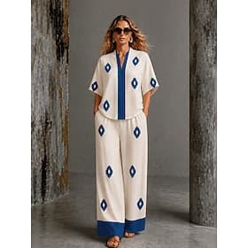 Per donna Camicia Set di biancheria in cotone Set di Pantaloni Manica Corta Scollo a V Floreale Grafico Geometrico Stampato Vacanza Moda Streetwear Casuale Quo thumbnail 6