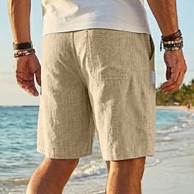 Herre Shorts Lin Shorts Sommershorts Strandshorts Snorer Lomme Elastisk midje Ensfarget Lettvekt Pustende Knelengde Daglig utendørs Ferie Ferie Mote Kakifarget thumbnail 2