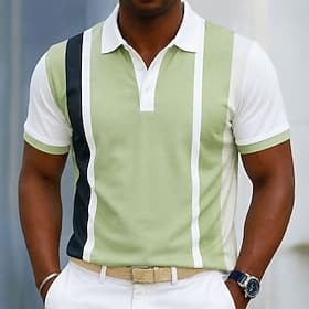 Men's Vertical Stripes Line Polo Shirts Short Sleeve Polo Shirts Collared Shirts Casual Athleisure 3D Print Buttons Breathable Mesh Spring Summer Blue Purple