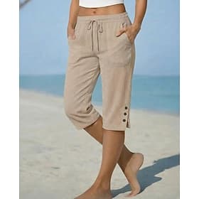 Women's Cotton Linen Shorts Capri Pants Chinos Shorts Vacation Basic Casual Capris Mid Waist Plain Pocket Elastic Waist Comfort Breathable Inelastic Daily Outd