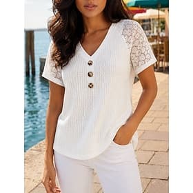 Women's T Shirt Lace Solid Color Vintage Stylish Casual Short Sleeve V Neck Regular Tops Casual Daily Blue White Yellow Pink Summer Spring