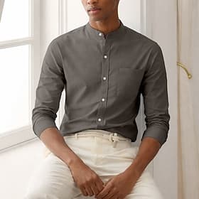 Men's Shirt Dress Shirt Button Up Shirt Plain Casual Daily Light Blue Black White Dark Green Long Sleeve Grandad Collar Spring Fall Clothing Apparel