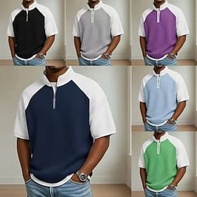 Hombre Camisetas polo con diseño de gofre Con Texturas Casual Diario Cremallera de un cuarto Manga Corta Moda Básico Bloque de color Ligero Cremallera de un cu thumbnail 2