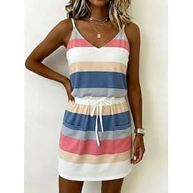 Women's Mini Dress Casual Dress Striped Dress Vest Dress Elegant Fashion Daily Vacation Regular Fit Striped Sleeveless Spaghetti Strap Yellow Pink Navy Blue Da