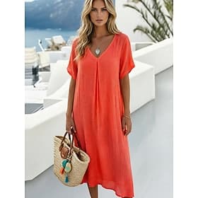 Women's Midi Dress Linen-feel Dresses Fashion Modern Outdoor Vacation Holiday Loose Fit Plain Short Sleeve V Neck Royal Blue Orange Green Rose Red Summer Sprin