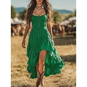 Dames Halflange jurk Boho-jurk Zomerjurk Jurk met ruches Basic Klassiek Dagelijks Vakantie Normale pasvorm Effen Mouwloos hihnat Zwart Wijn Groen Zomer Lente
