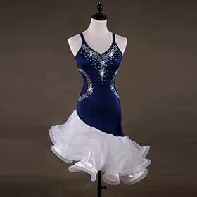 Robe de compétition de danse latine bleu marine ornée de strass - tenue de scène salsa samba sans manches à col en V et volants blancs thumbnail 2