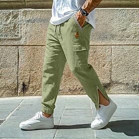 Men's Cargo Pants Linen Pants Summer Pants Drawstring Zipper Elastic Waist Solid Color Plain Comfort Breathable Knee Length Casual Daily Beach Vacation Fashion