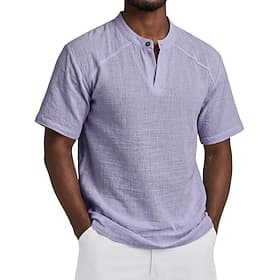 Men's Shirt Popover Shirt Summer Shirt Beach Shirt Cotton Linen Shirt Solid Color Casual Outdoor Black Light Green Navy Blue Sky Blue Short Sleeve Henley Summe