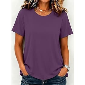 Women's Cotton Shirt Tee Top Solid Color Stylish Classic Short Sleeve Crew Neck Regular Tops Casual Daily Going out Black White Pink Wine Plum Summer Spring