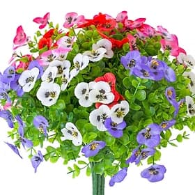 8 Bundles Artificial Fake Pansy Flowers for Outdoor, Faux UV Resistant Silk Pansies Flowers for Outside Planter Front Door Porch Yard Patio Window Box Home Dec