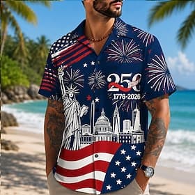 4 juli 2026 250e Voor heren Amerikaanse vlag 1776 Overhemd Zomer overhemd Overhemd met knopen Korte mouw Vaderlandslievend Buiten Festival Zomer Lente Strijkij thumbnail 2