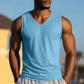 Men's Tank Sleeveless V Neck Summer Solid Color Casual / Sporty Slim Daily Home Black White Light Green Top Tee for Men thumbnail 2