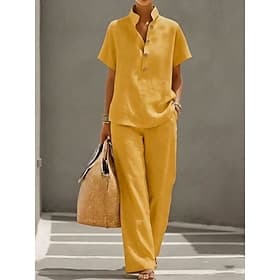 Women's Linen-feel Set Pants Sets Short Sleeve Stand Collar Solid Color Fashion Streetwear Casual Daily Outdoor Blue Yellow Khaki Spring Summer Loose Fit