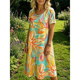 Women's Knee Length Dress Shift Dress T Shirt Dress Tee Dress Casual Regular Fit Floral Graphic Short Sleeve Crew Neck Blue Orange Summer Spring