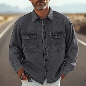 Men's Shirt Summer Shirt Casual Shirt Button Up Shirt Denim Shirt Black Blue Long Sleeve Plain Lapel Vacation Hawaiian Front Pocket Clothing Apparel Polyester
